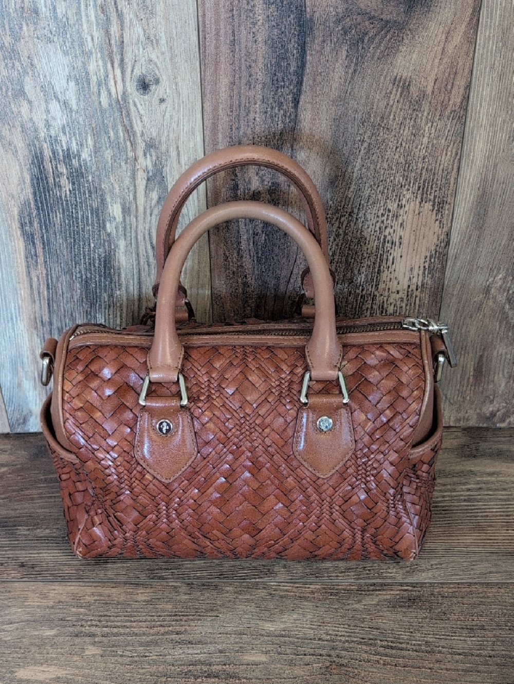 Cole Haan Woven Leather Satchel Boston Handbag M354 - Picture 2 of 15